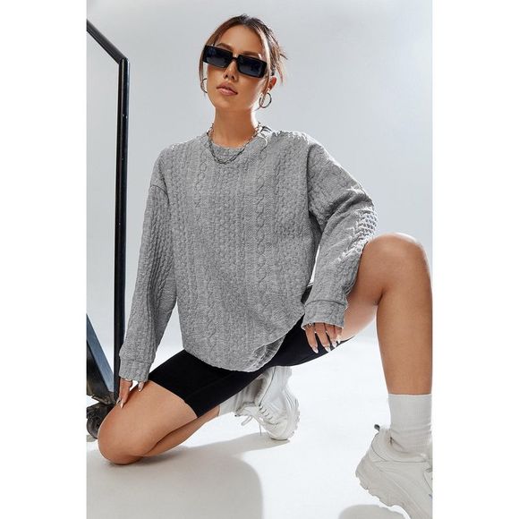 Azura Exchange  Gray Cable Textured Drop Shoulder Pullover Sweatshirt - Picture 4 of 7